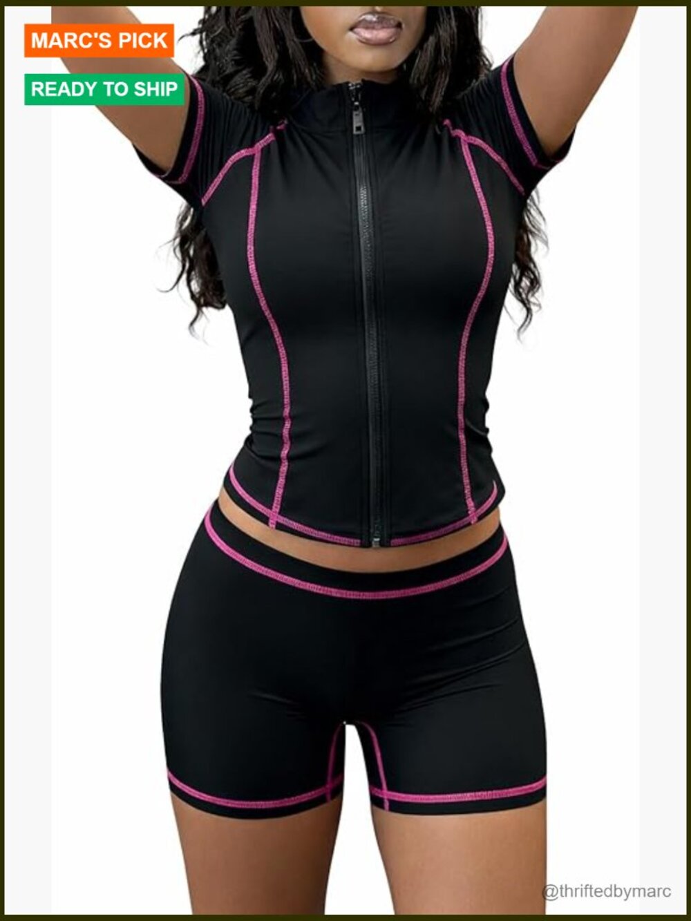 Large High Waist Shorts Set Zip Up Top Polyester Spandex Activewear